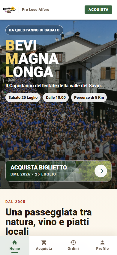 Homepage mobile della BeviMagnaLonga con il pulsante per acquistare il biglietto
