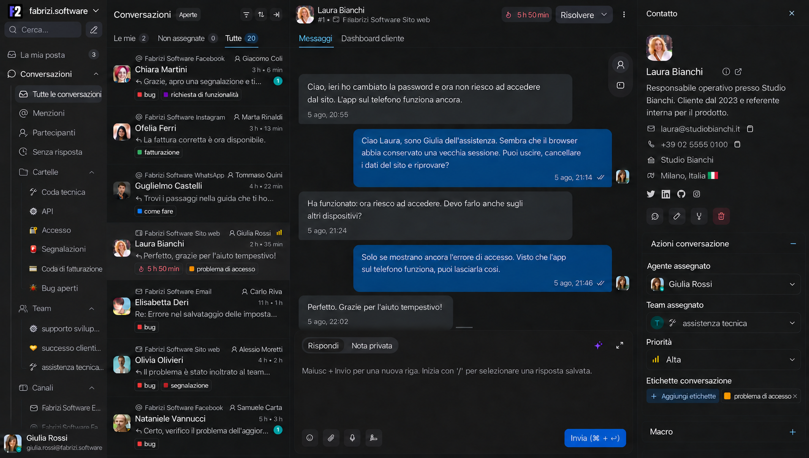 Schermata della piattaforma omnicanale con conversazioni, messaggi e scheda cliente